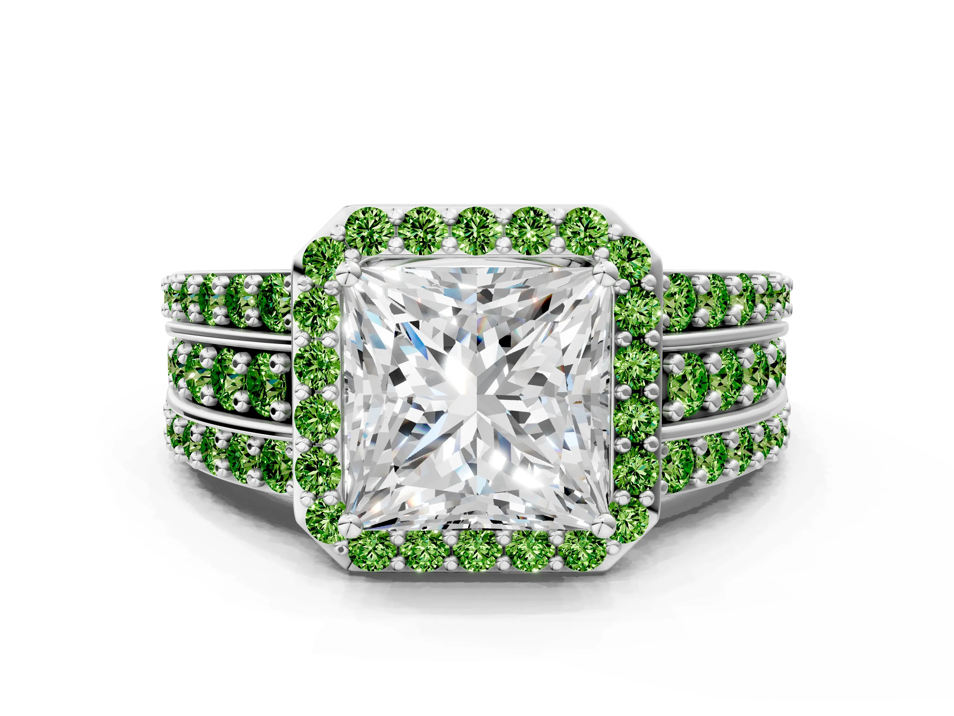 White gold Princess Cut Halo Diamond Ring with Round with Peridot side stone Split Shank and Prong Setting_12