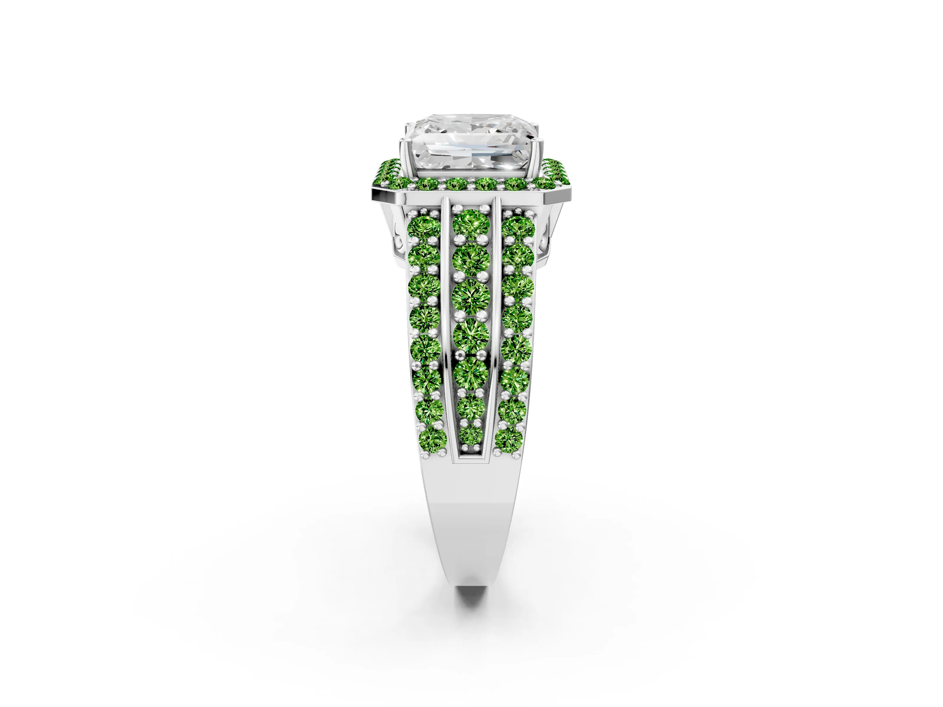 White gold Princess Cut Halo Diamond Ring with Round with Peridot side stone Split Shank and Prong Setting_14