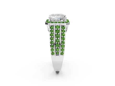 White gold Princess Cut Halo Diamond Ring with Round with Peridot side stone Split Shank and Prong Setting_14