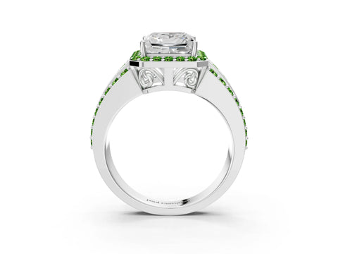 White gold Princess Cut Halo Diamond Ring with Round with Peridot side stone Split Shank and Prong Setting_15