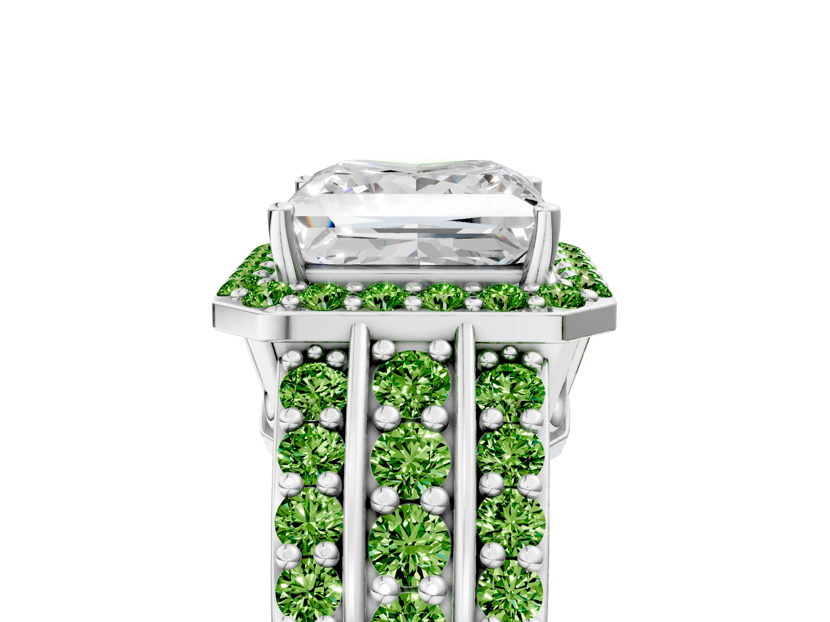 White gold Princess Cut Halo Diamond Ring with Round with Peridot side stone Split Shank and Prong Setting_17