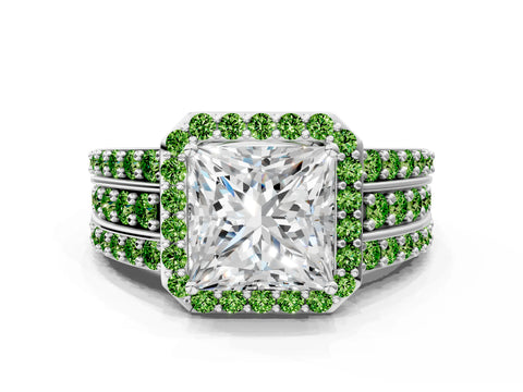 White gold Princess Cut Halo Diamond Ring with Round with Peridot side stone Split Shank and Prong Setting_18