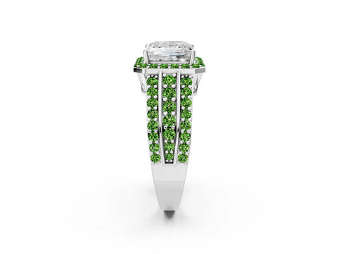 White gold Princess Cut Halo Diamond Ring with Round with Peridot side stone Split Shank and Prong Setting_18