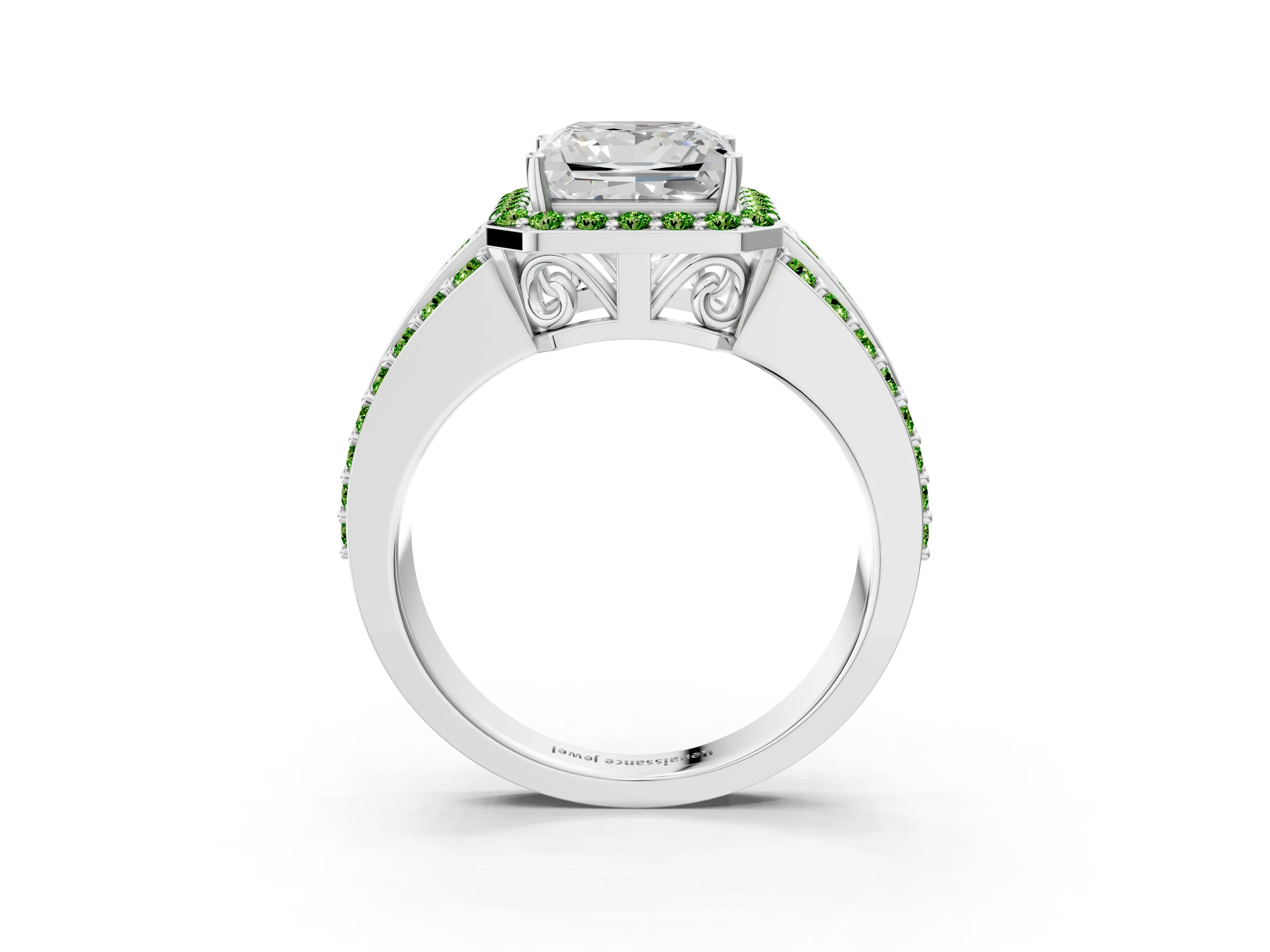 White gold Princess Cut Halo Diamond Ring with Round with Peridot side stone Split Shank and Prong Setting_19