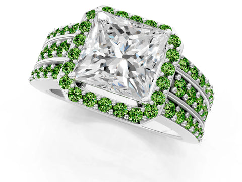 White gold Princess Cut Halo Diamond Ring with Round with Peridot side stone Split Shank and Prong Setting_1