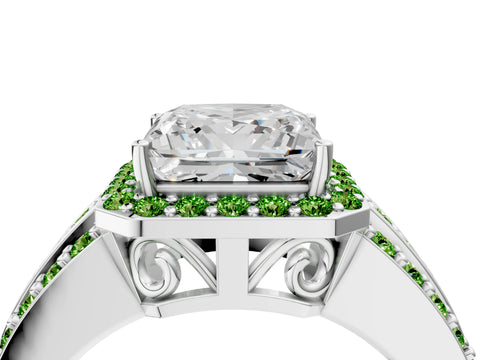 White gold Princess Cut Halo Diamond Ring with Round with Peridot side stone Split Shank and Prong Setting_22
