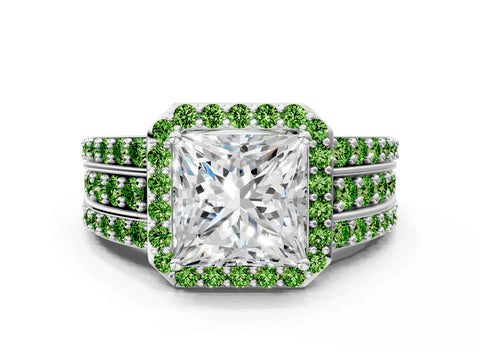 White gold Princess Cut Halo Diamond Ring with Round with Peridot side stone Split Shank and Prong Setting_24