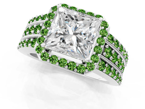 White gold Princess Cut Halo Diamond Ring with Round with Peridot side stone Split Shank and Prong Setting_25