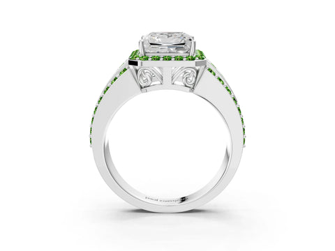 White gold Princess Cut Halo Diamond Ring with Round with Peridot side stone Split Shank and Prong Setting_27