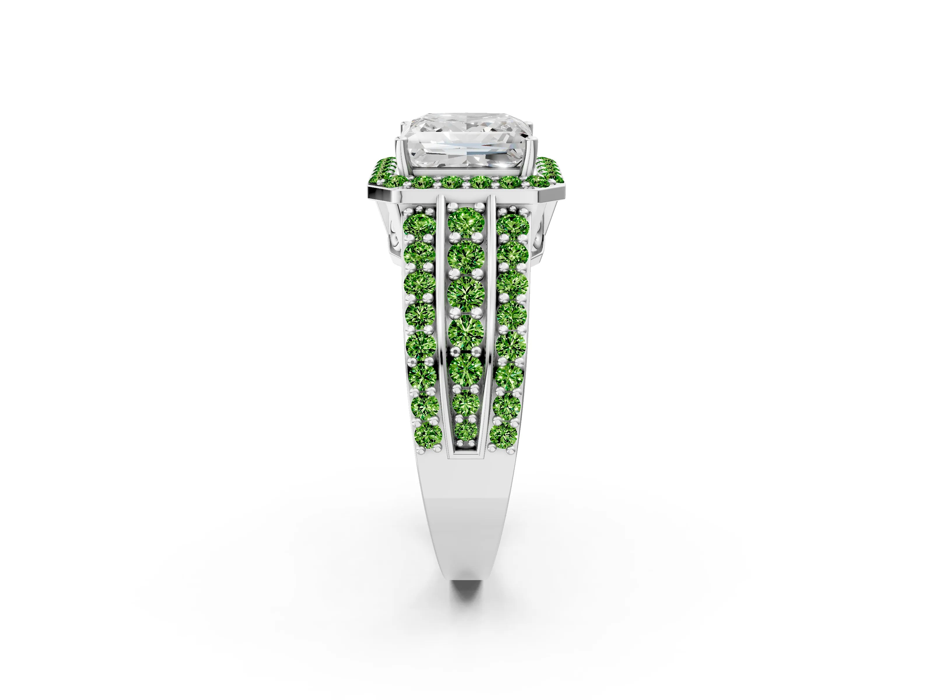 White gold Princess Cut Halo Diamond Ring with Round with Peridot side stone Split Shank and Prong Setting_2