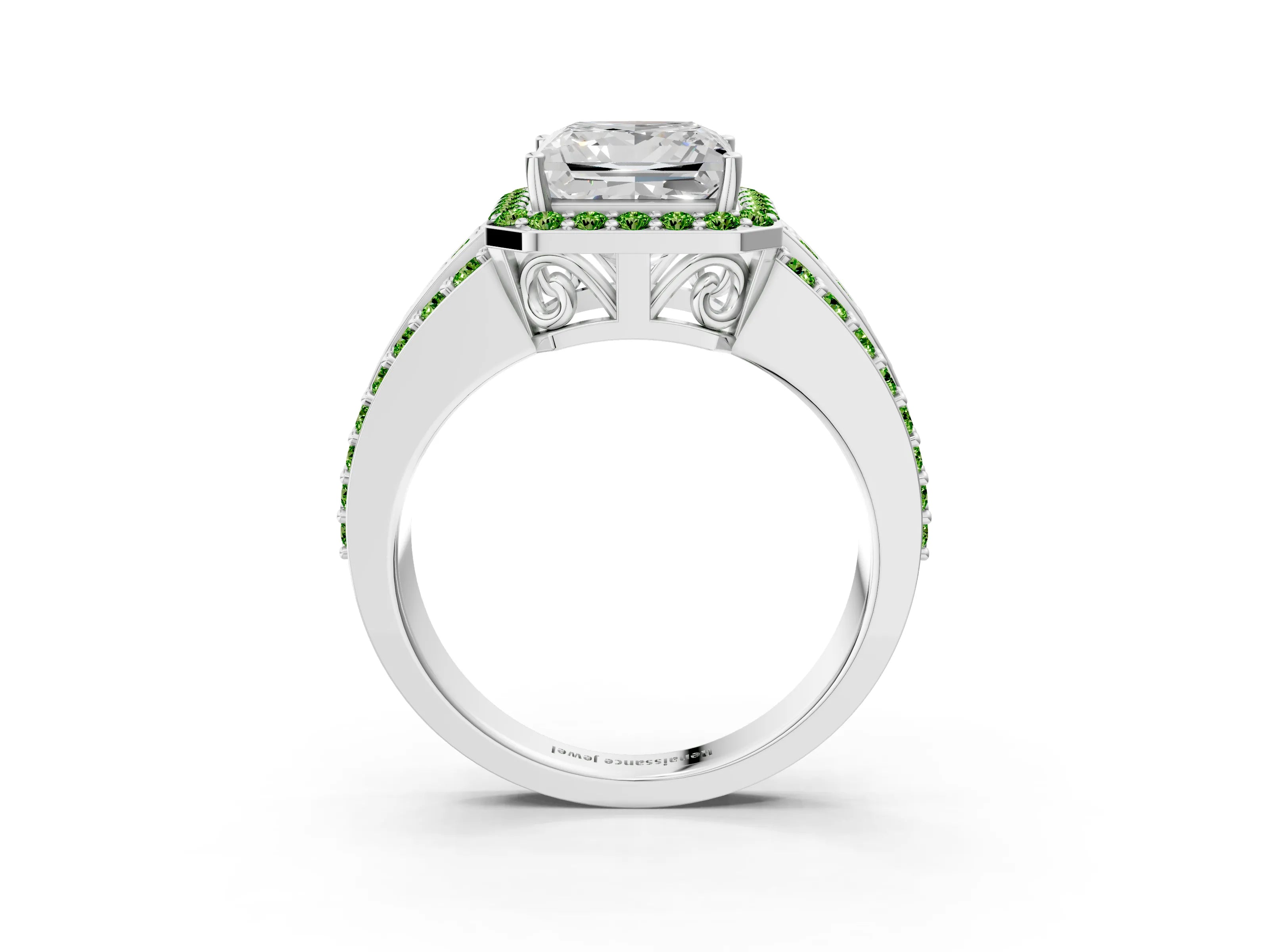 White gold Princess Cut Halo Diamond Ring with Round with Peridot side stone Split Shank and Prong Setting_3
