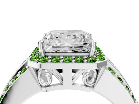 White gold Princess Cut Halo Diamond Ring with Round with Peridot side stone Split Shank and Prong Setting_4