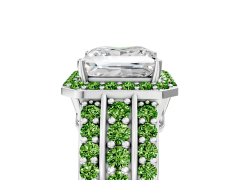 White gold Princess Cut Halo Diamond Ring with Round with Peridot side stone Split Shank and Prong Setting_5