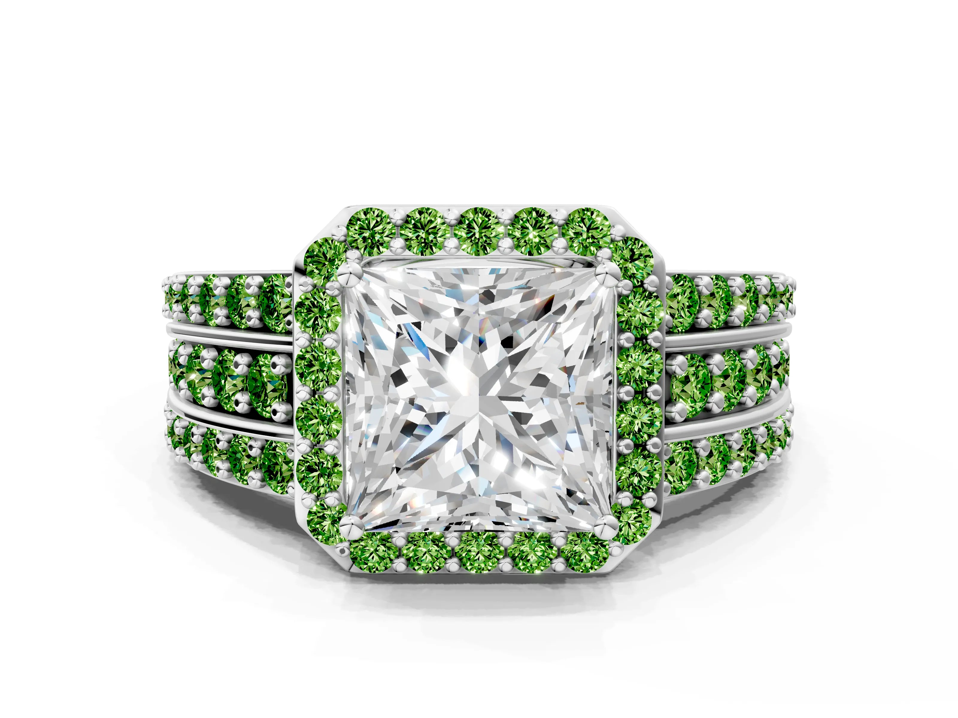 White gold Princess Cut Halo Diamond Ring with Round with Peridot side stone Split Shank and Prong Setting_6