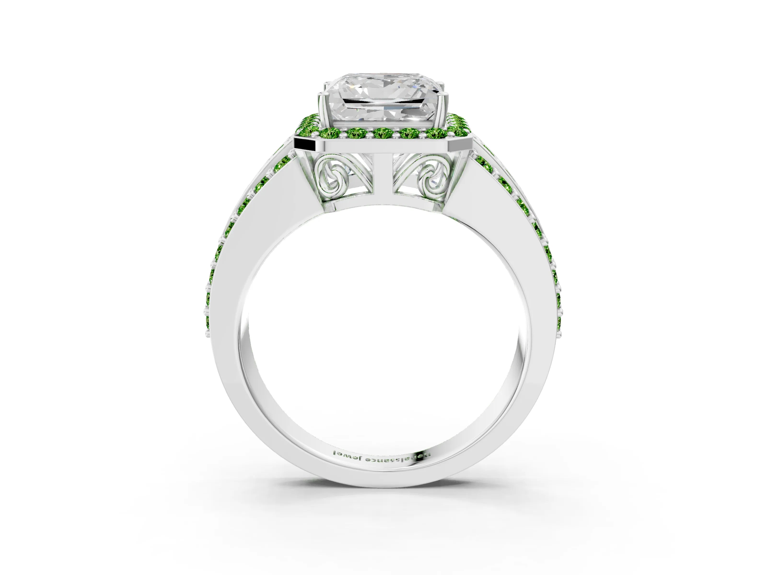 White gold Princess Cut Halo Diamond Ring with Round with Peridot side stone Split Shank and Prong Setting_9