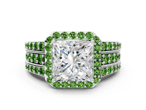 White gold Princess Cut Halo Diamond Ring with Round with Peridot side stone Split Shank and Prong Setting