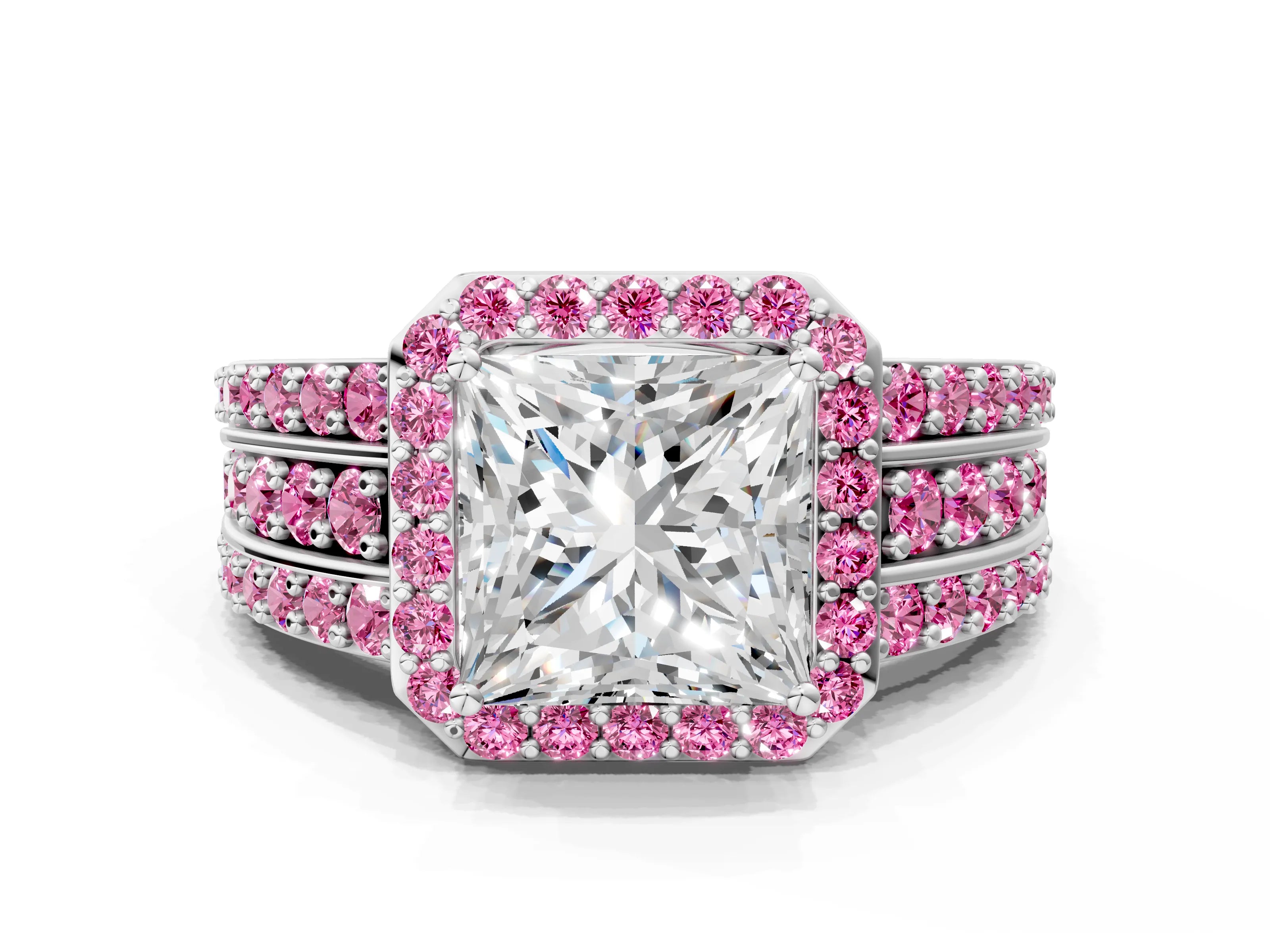 White gold Princess Cut Halo Diamond Ring with Round with Pink Sapphire side stone Split Shank and Prong Setting_36