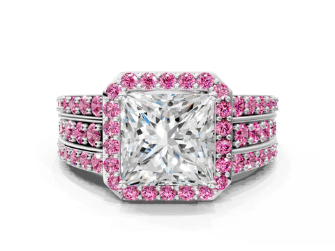 White gold Princess Cut Halo Diamond Ring with Round with Pink Sapphire side stone Split Shank and Prong Setting_36