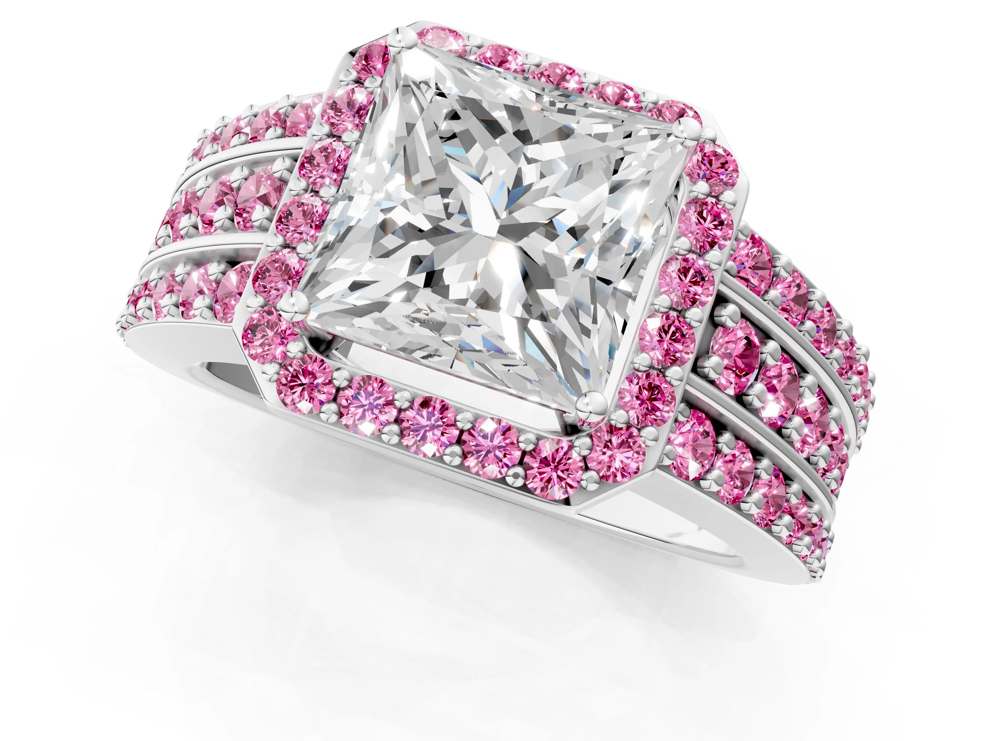 White gold Princess Cut Halo Diamond Ring with Round with Pink Sapphire side stone Split Shank and Prong Setting_37