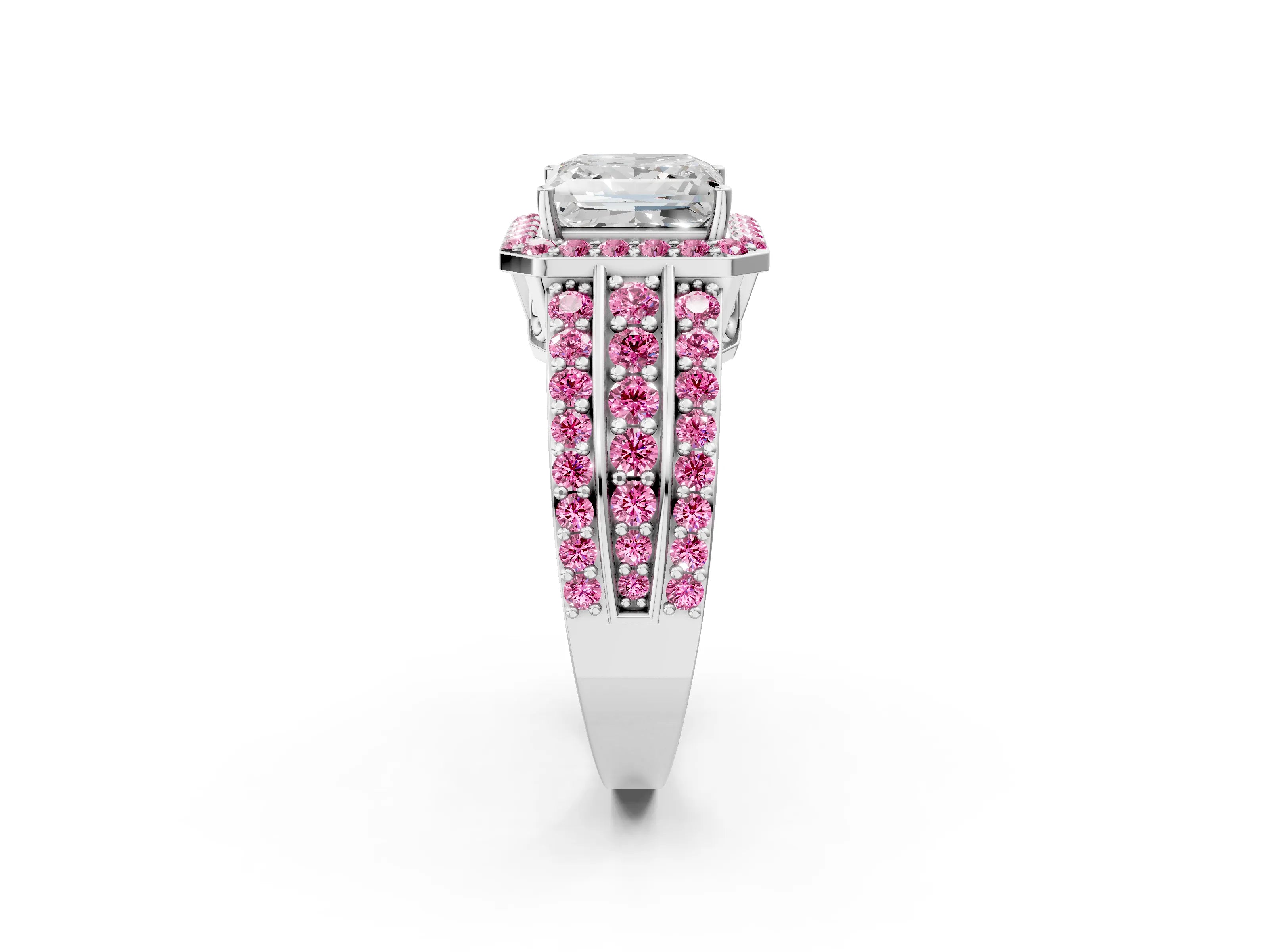 White gold Princess Cut Halo Diamond Ring with Round with Pink Sapphire side stone Split Shank and Prong Setting_38