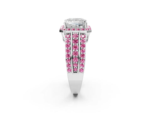 White gold Princess Cut Halo Diamond Ring with Round with Pink Sapphire side stone Split Shank and Prong Setting_38