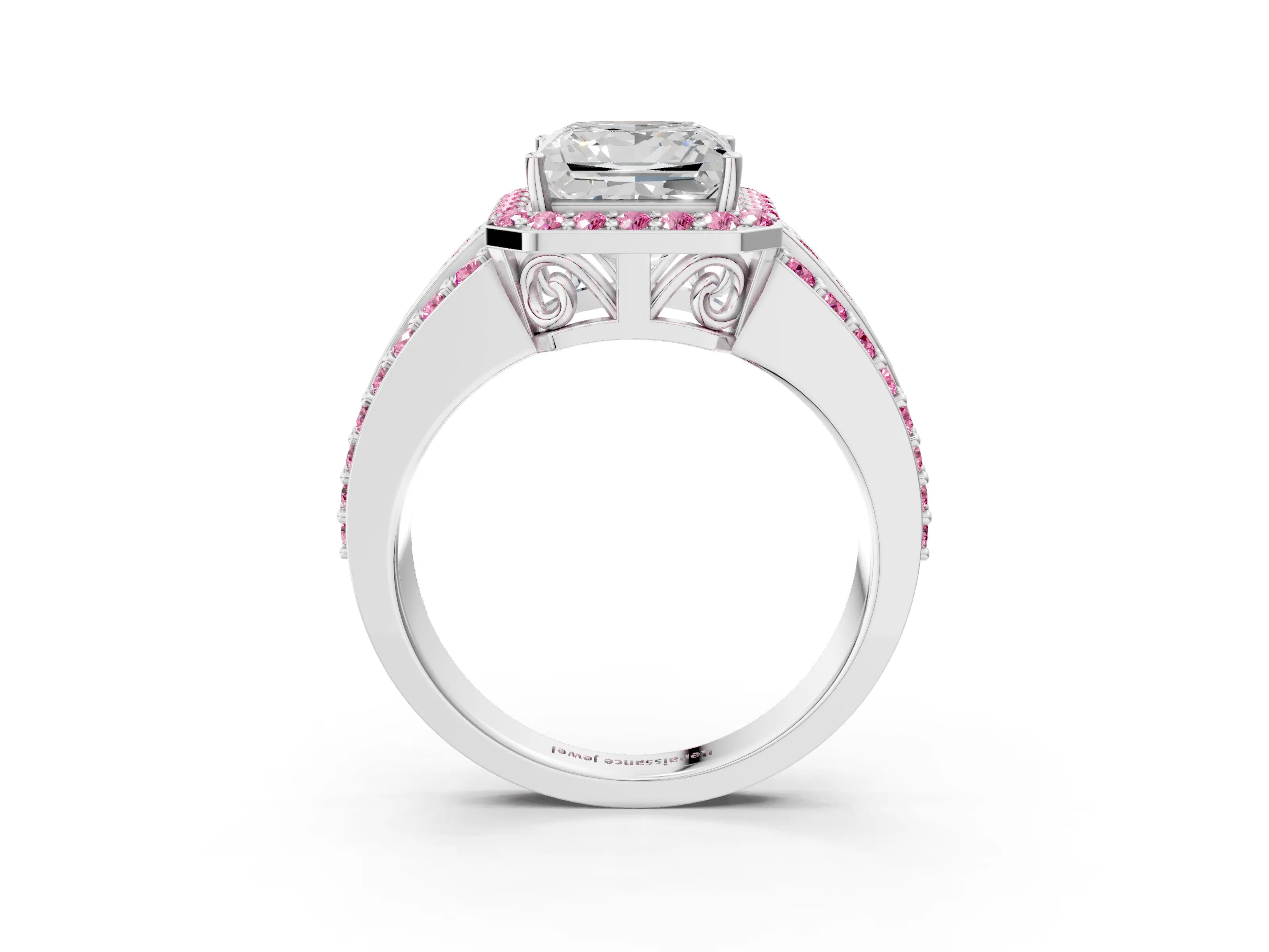 White gold Princess Cut Halo Diamond Ring with Round with Pink Sapphire side stone Split Shank and Prong Setting_39