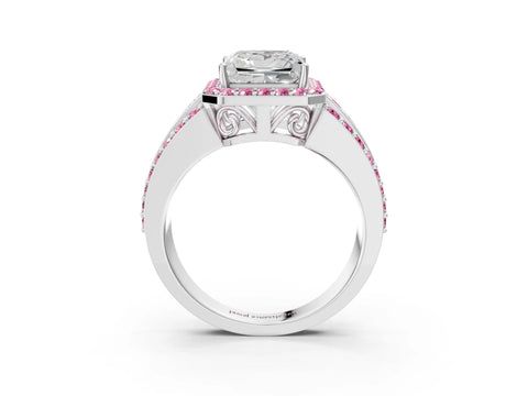 White gold Princess Cut Halo Diamond Ring with Round with Pink Sapphire side stone Split Shank and Prong Setting_39