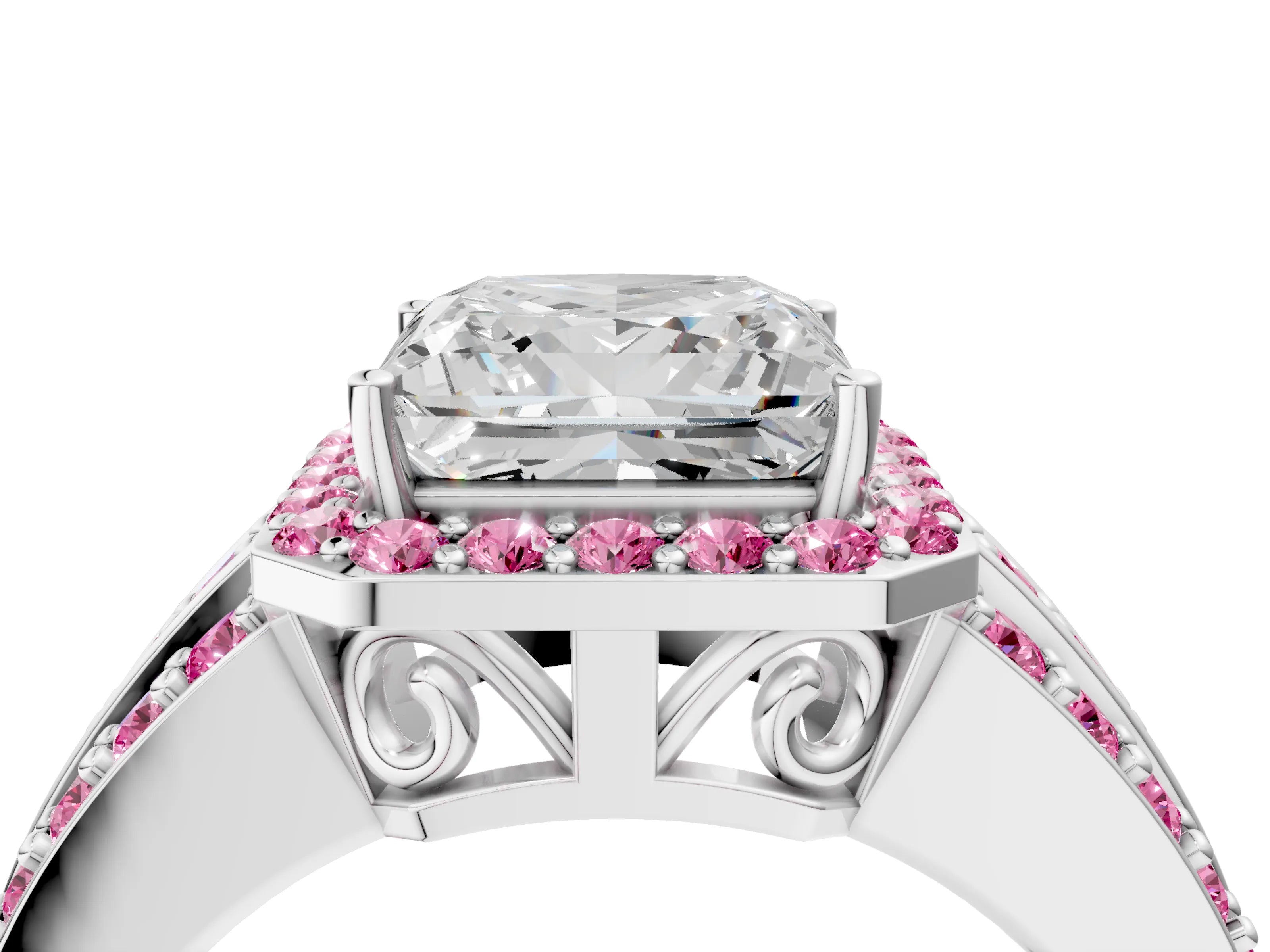 White gold Princess Cut Halo Diamond Ring with Round with Pink Sapphire side stone Split Shank and Prong Setting_40