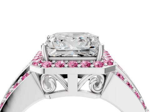 White gold Princess Cut Halo Diamond Ring with Round with Pink Sapphire side stone Split Shank and Prong Setting_40