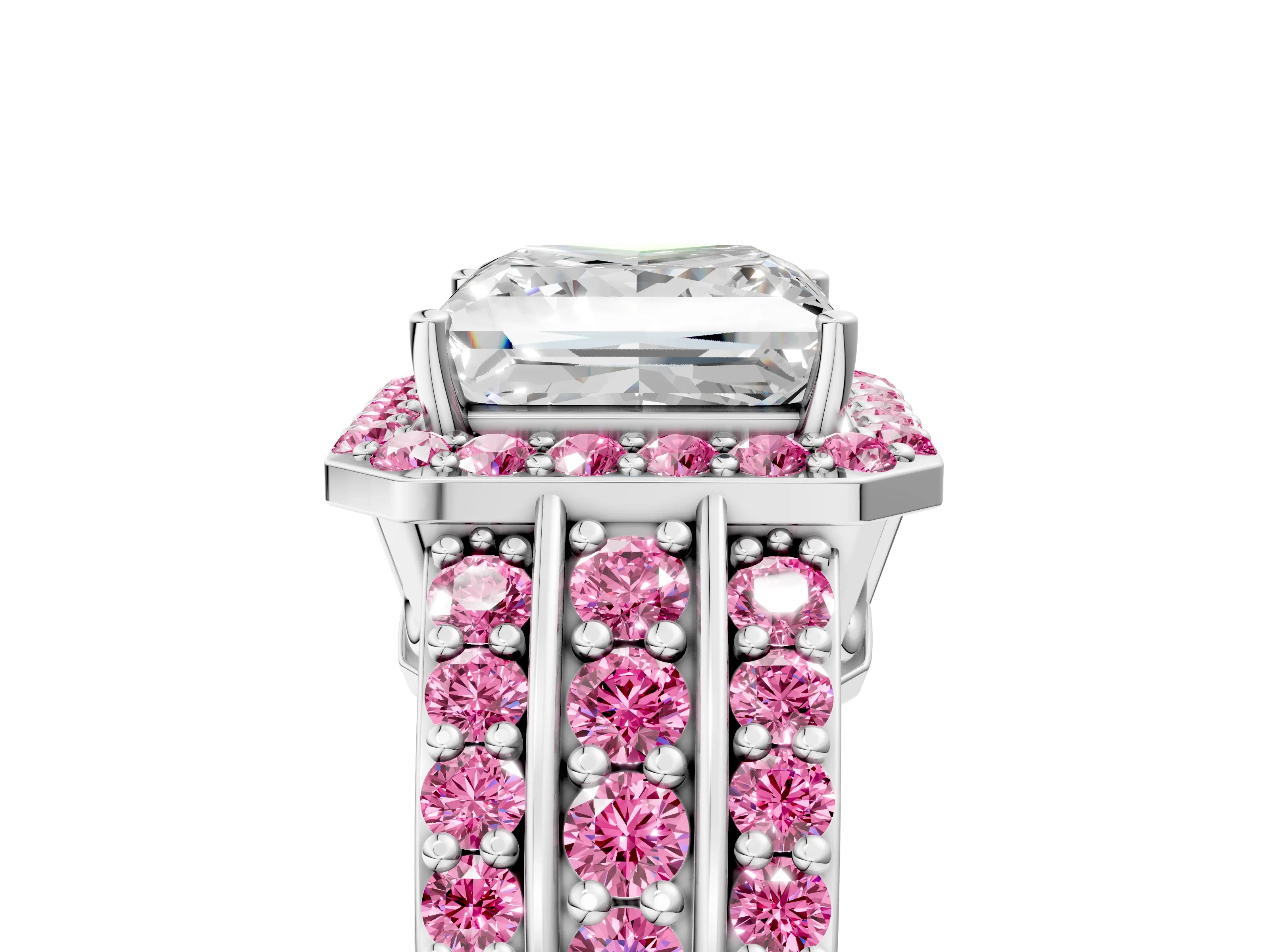 White gold Princess Cut Halo Diamond Ring with Round with Pink Sapphire side stone Split Shank and Prong Setting_41
