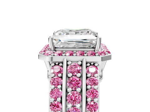 White gold Princess Cut Halo Diamond Ring with Round with Pink Sapphire side stone Split Shank and Prong Setting_41