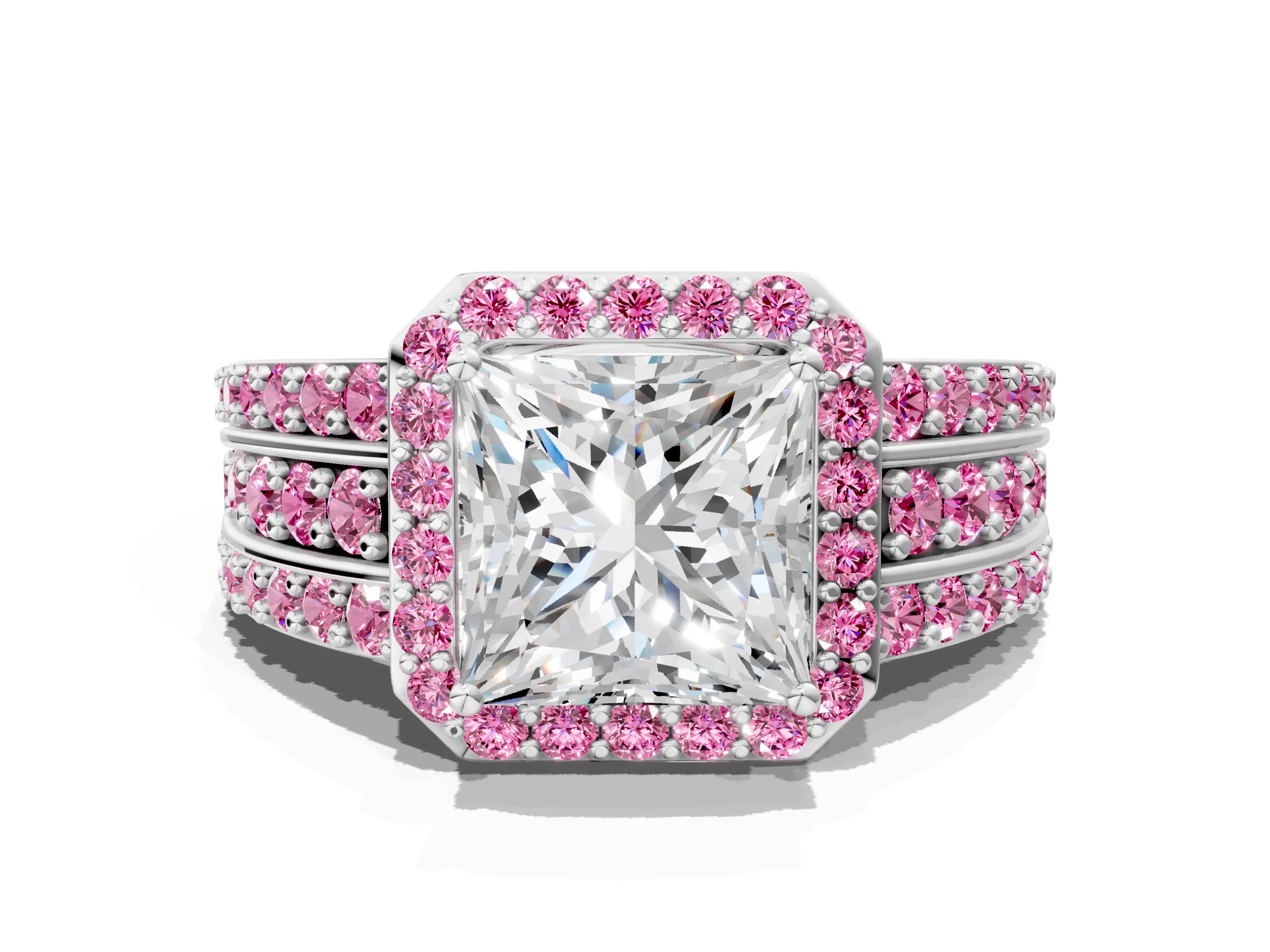 White gold Princess Cut Halo Diamond Ring with Round with Pink Sapphire side stone Split Shank and Prong Setting_48