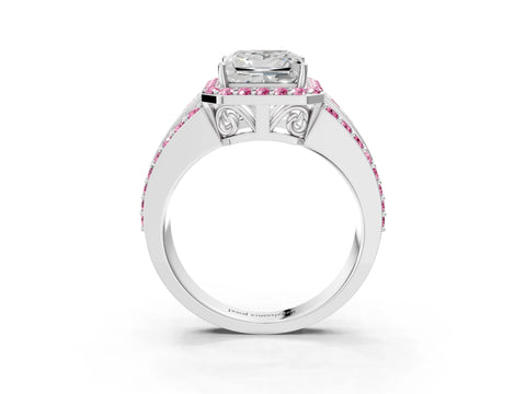 White gold Princess Cut Halo Diamond Ring with Round with Pink Sapphire side stone Split Shank and Prong Setting_51
