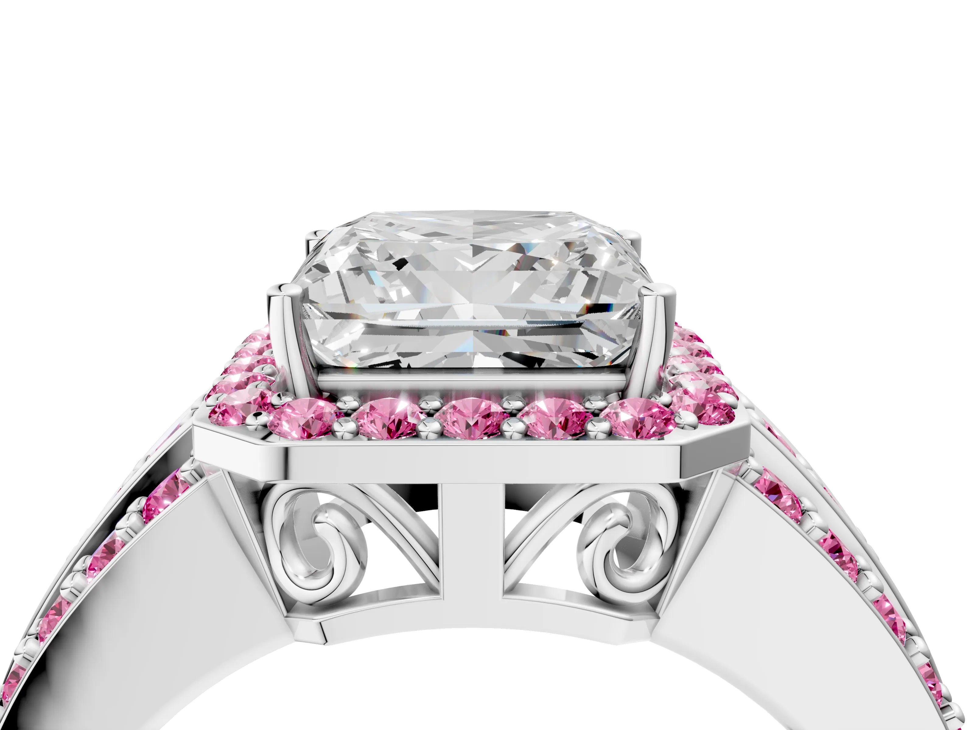 White gold Princess Cut Halo Diamond Ring with Round with Pink Sapphire side stone Split Shank and Prong Setting_52