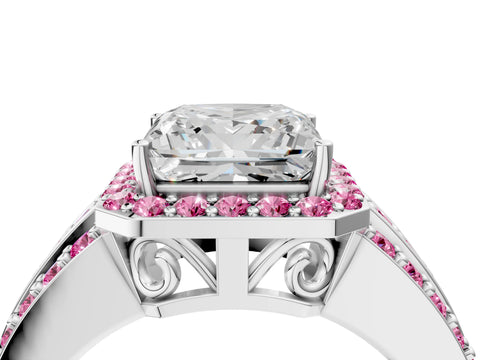 White gold Princess Cut Halo Diamond Ring with Round with Pink Sapphire side stone Split Shank and Prong Setting_52