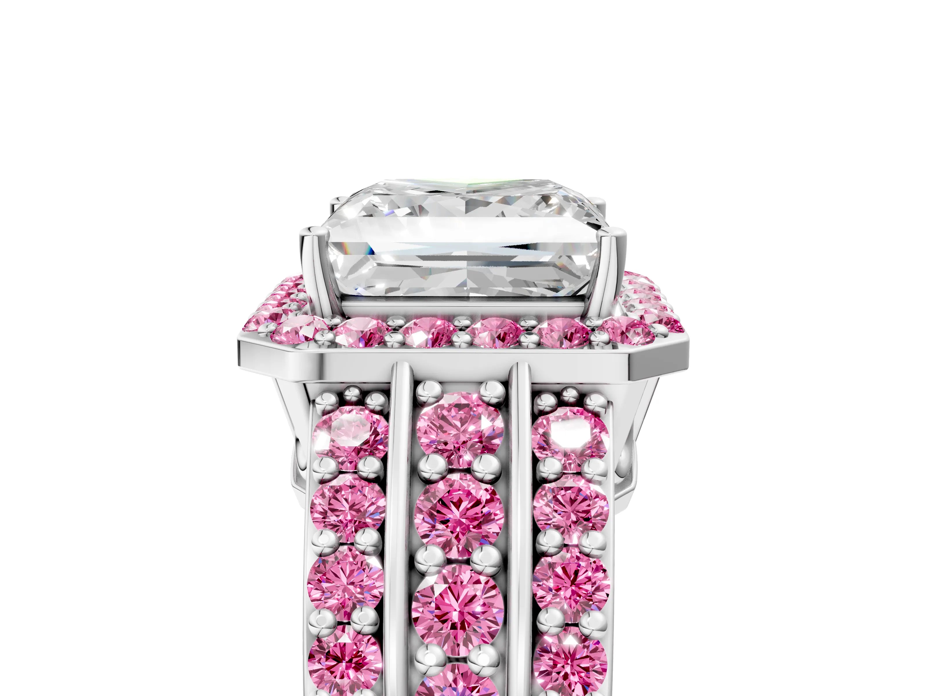 White gold Princess Cut Halo Diamond Ring with Round with Pink Sapphire side stone Split Shank and Prong Setting_53