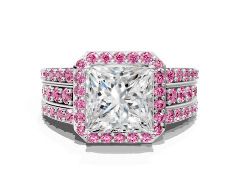 White gold Princess Cut Halo Diamond Ring with Round with Pink Sapphire side stone Split Shank and Prong Setting_59