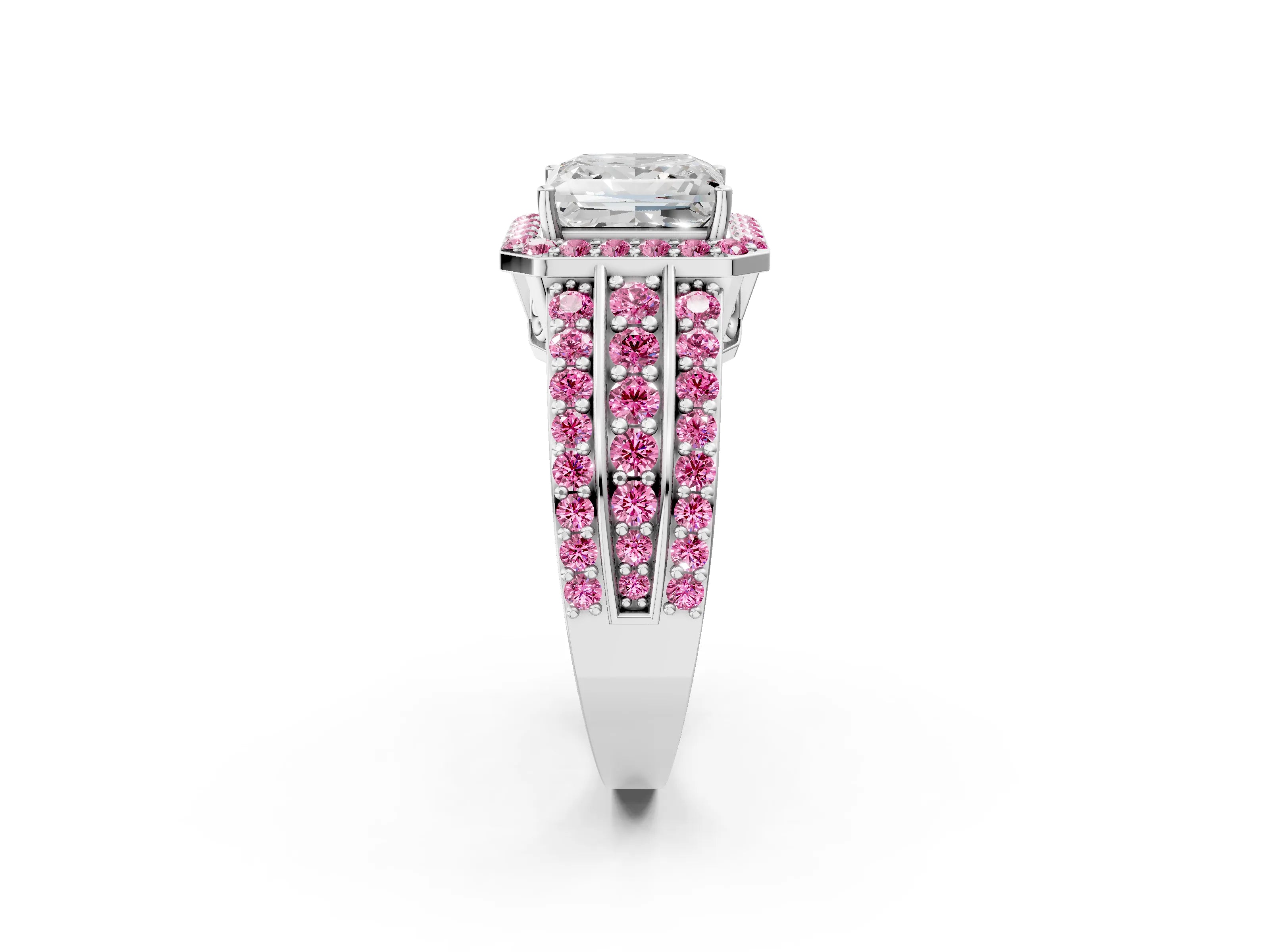 White gold Princess Cut Halo Diamond Ring with Round with Pink Sapphire side stone Split Shank and Prong Setting_61