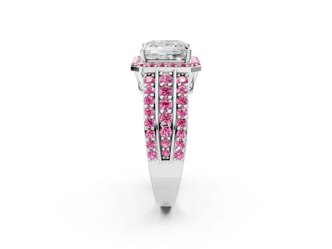White gold Princess Cut Halo Diamond Ring with Round with Pink Sapphire side stone Split Shank and Prong Setting_61