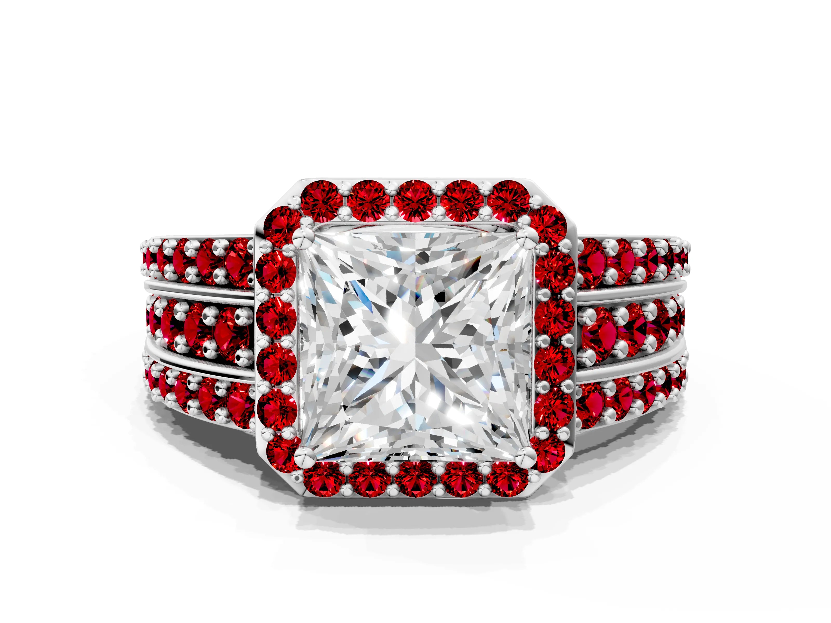White gold Princess Cut Halo Diamond Ring with Round with Ruby side stone Split Shank and Prong Setting_24