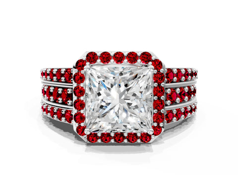 White gold Princess Cut Halo Diamond Ring with Round with Ruby side stone Split Shank and Prong Setting_24