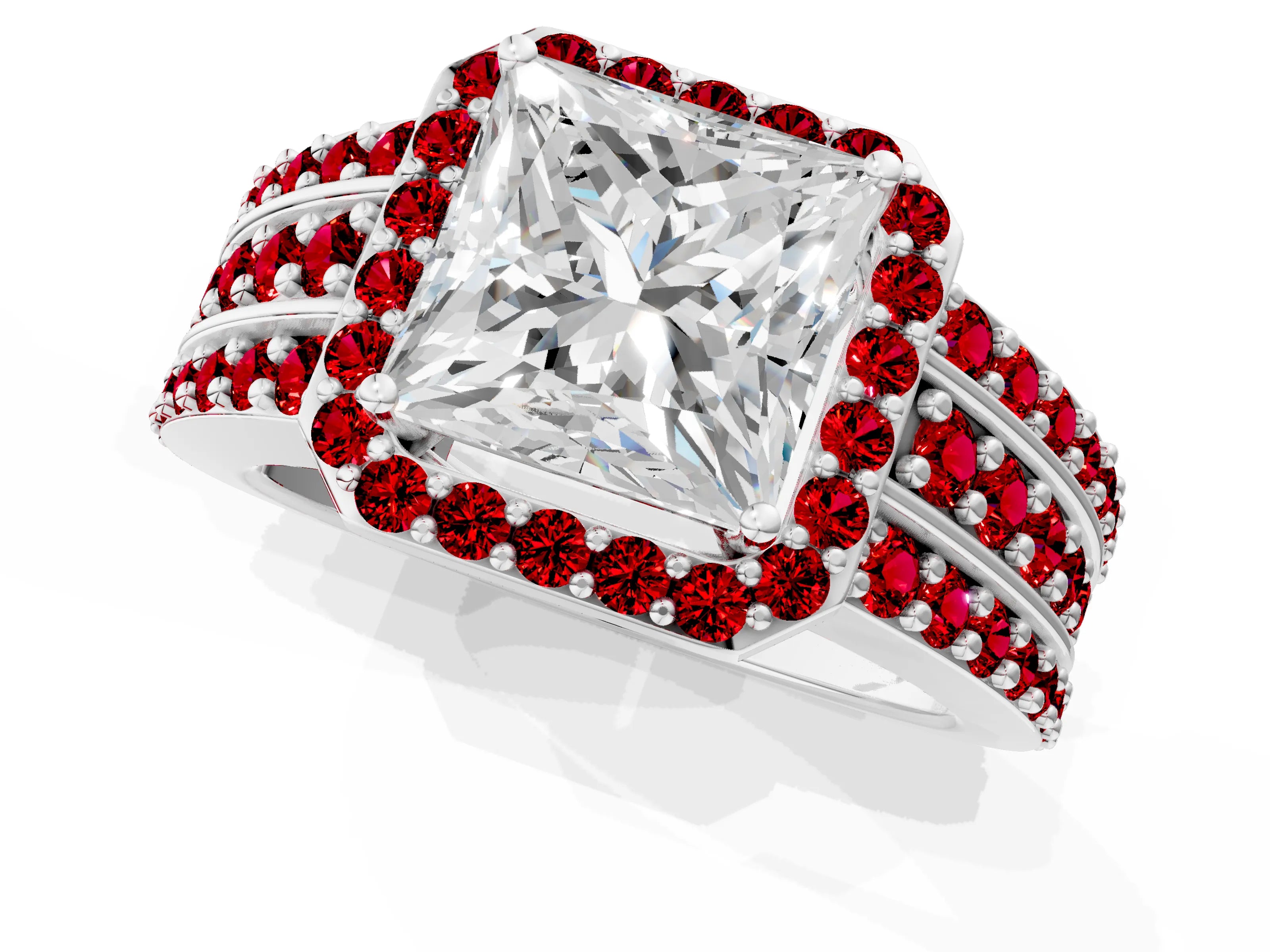 White gold Princess Cut Halo Diamond Ring with Round with Ruby side stone Split Shank and Prong Setting_25