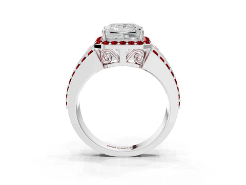 White gold Princess Cut Halo Diamond Ring with Round with Ruby side stone Split Shank and Prong Setting_27