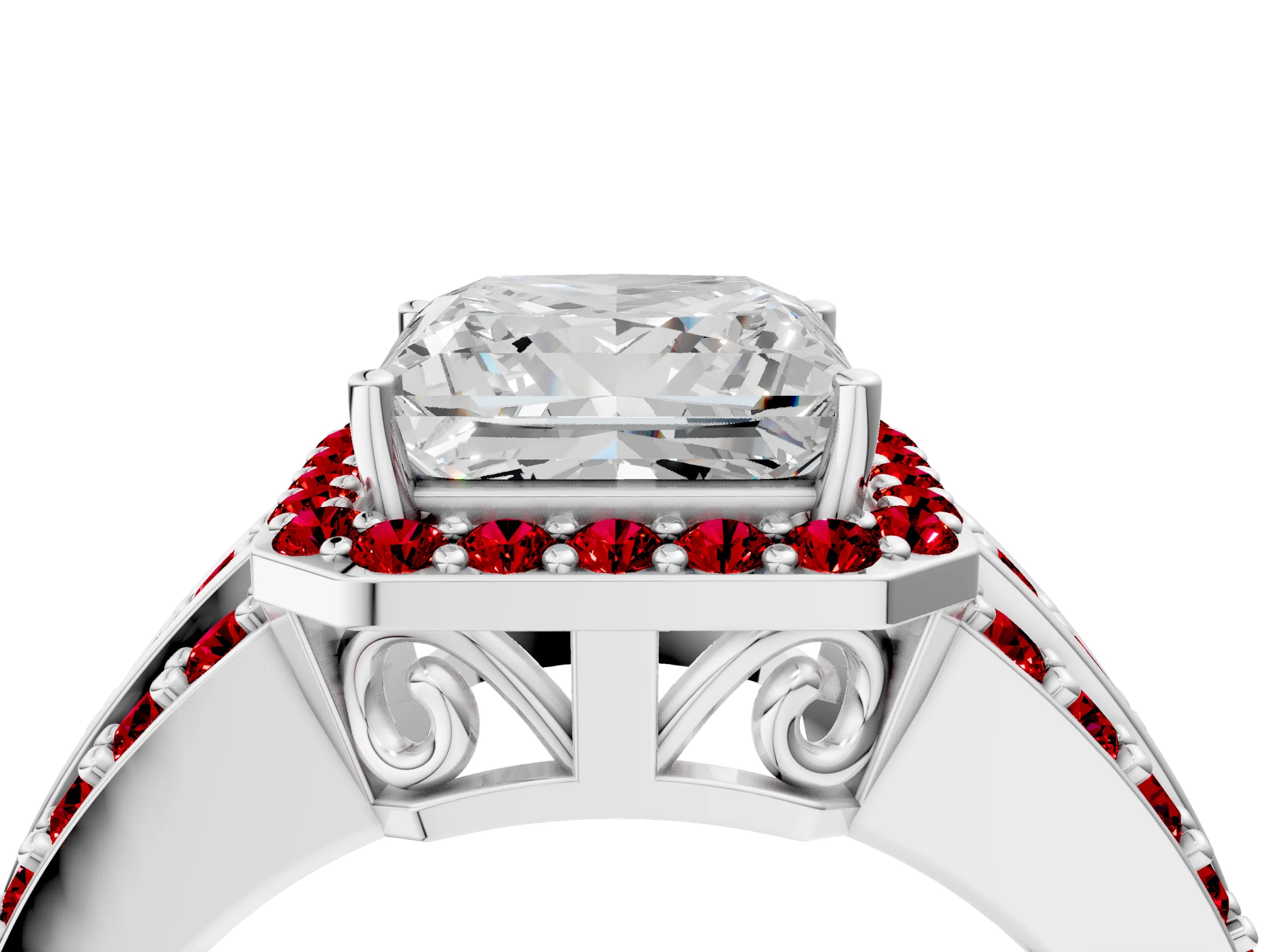 White gold Princess Cut Halo Diamond Ring with Round with Ruby side stone Split Shank and Prong Setting_28