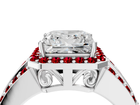 White gold Princess Cut Halo Diamond Ring with Round with Ruby side stone Split Shank and Prong Setting_28