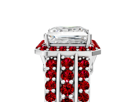 White gold Princess Cut Halo Diamond Ring with Round with Ruby side stone Split Shank and Prong Setting_29