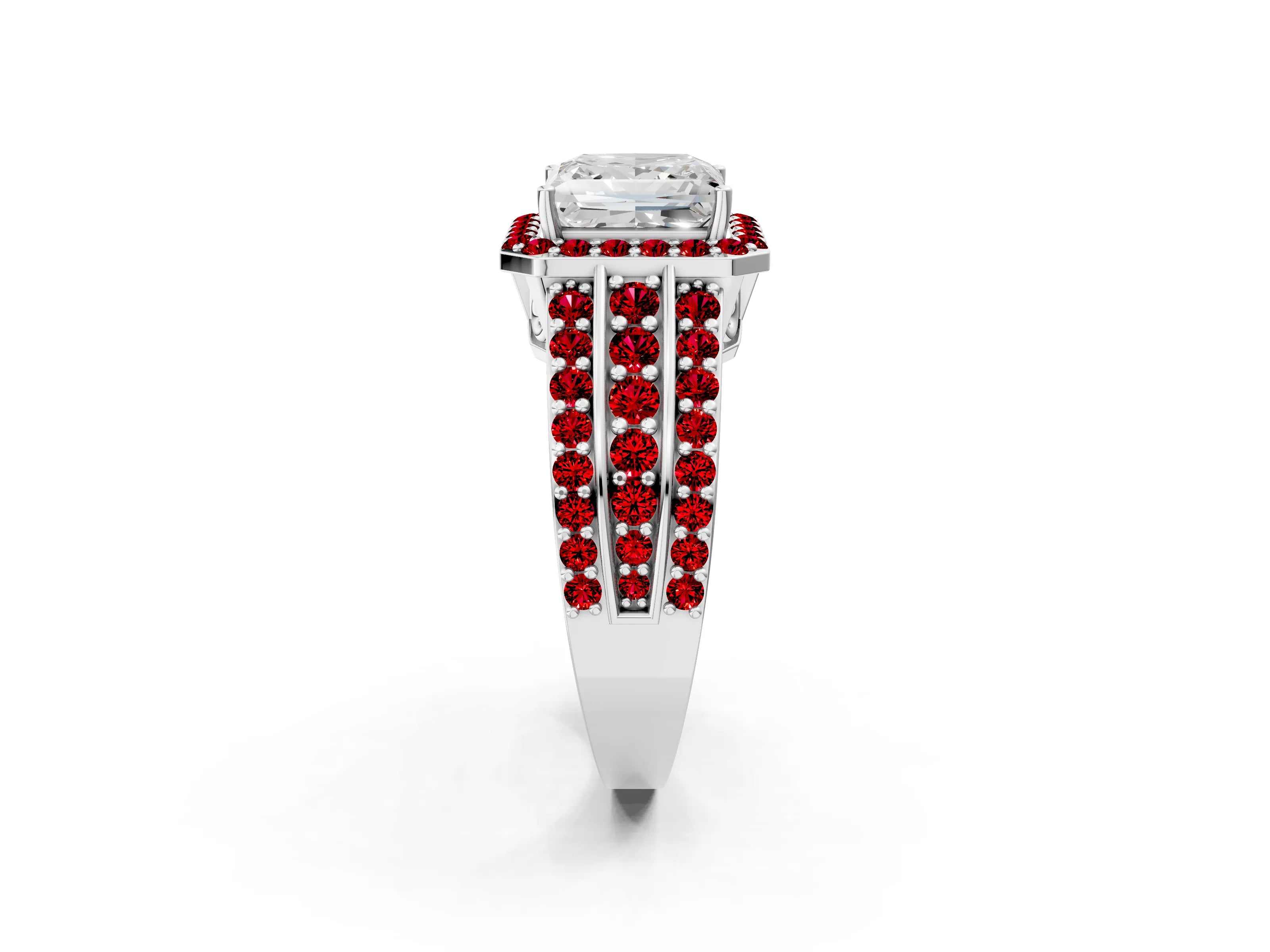 White gold Princess Cut Halo Diamond Ring with Round with Ruby side stone Split Shank and Prong Setting_50
