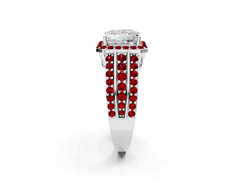 White gold Princess Cut Halo Diamond Ring with Round with Ruby side stone Split Shank and Prong Setting_50