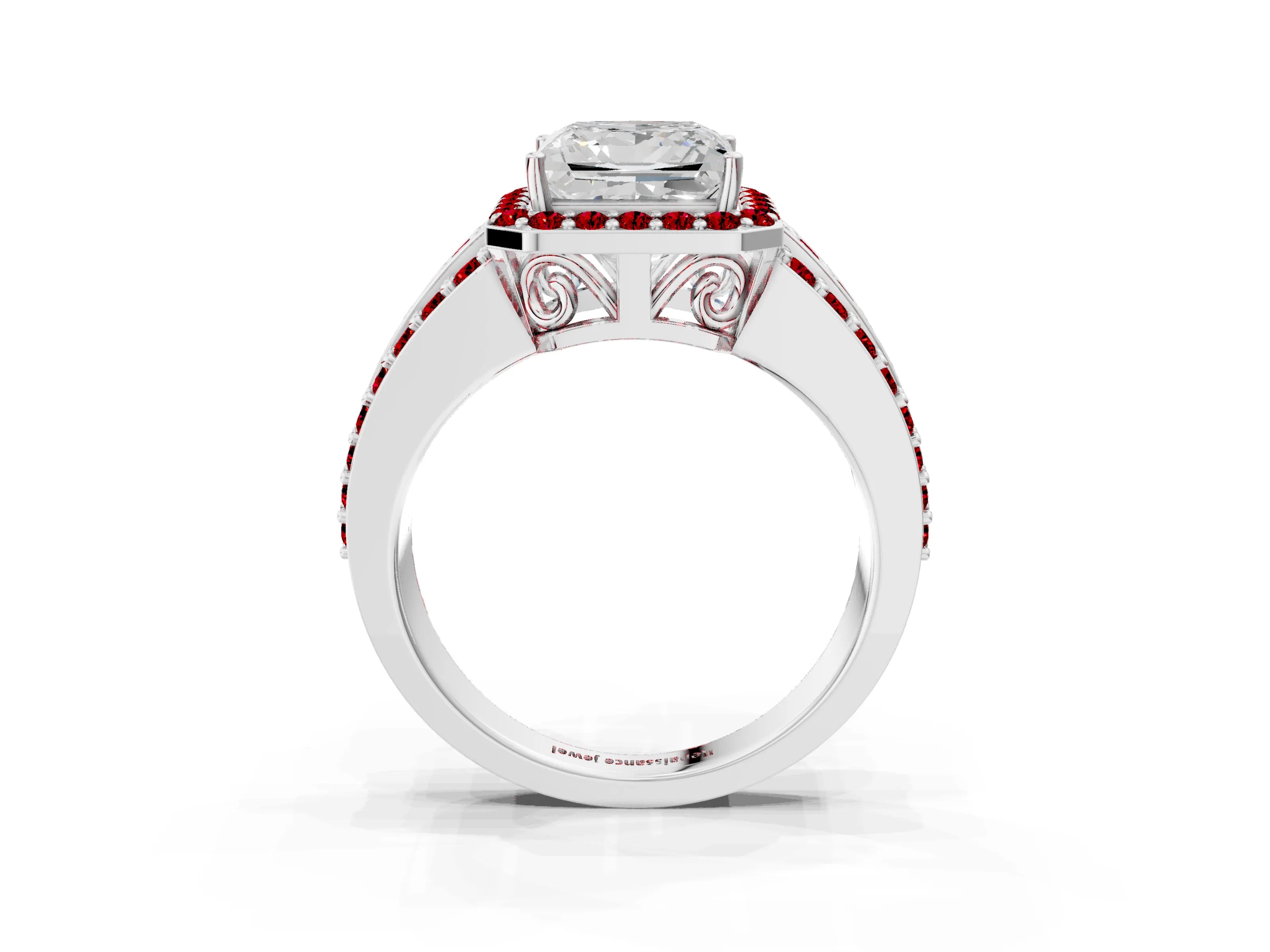 White gold Princess Cut Halo Diamond Ring with Round with Ruby side stone Split Shank and Prong Setting_51