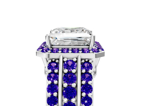 White gold Princess Cut Halo Diamond Ring with Round with Tanzanite side stone Split Shank and Prong Setting_11